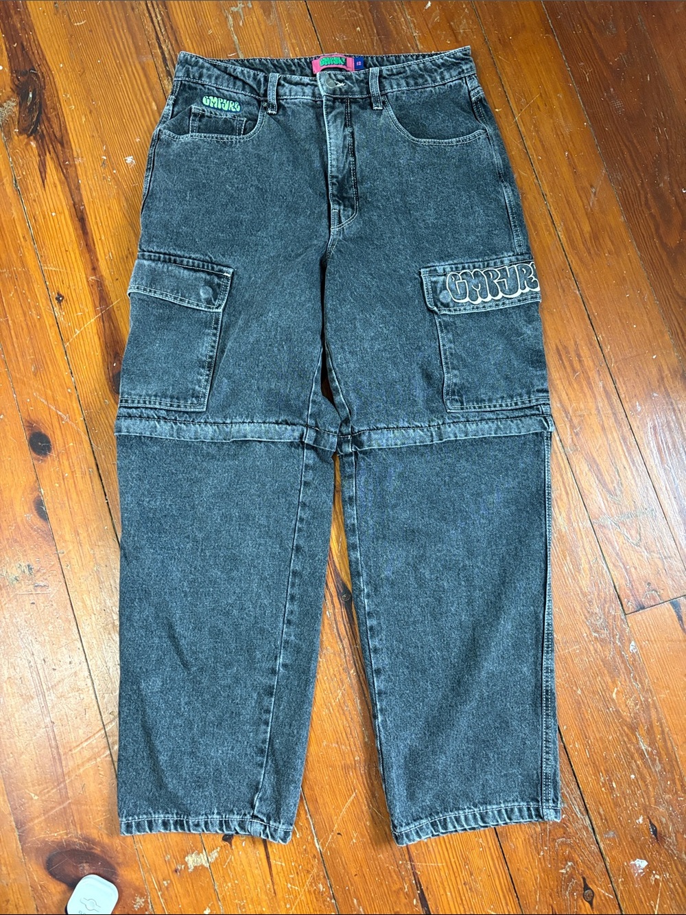 Vintage Y2K Empyre Washed Black Straight Leg Cargo Jeans Zipper Knees Size 12